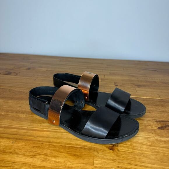 Vince Black Leather Rose Gold Ankle Strap Flat Sandals Size 7 - Picture 2 of 6